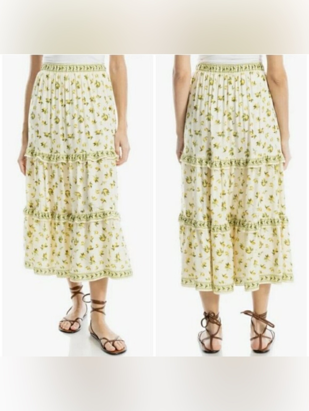 Max Studio Cream Midi Skirt with Green Floral Print
